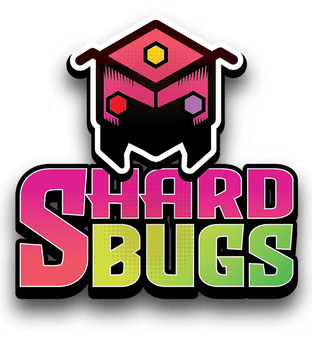 Shard Bugs Trading Card Game Logo: A stylized geometric shape that resembles an armored ant head. The right eye is a red hexagon representing the Cosmic Avatar: Mars, left a purple hexagon representing Luna, there is a third hexagon at the top of the helmet to represent Sol.