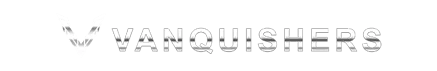 Vanquishers Trading Card Game Logo: The word Vanquishers in chrome block lettering, a white sheen across the top an bottom.
