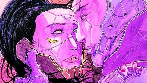 Painting of two Cyborgs embracing